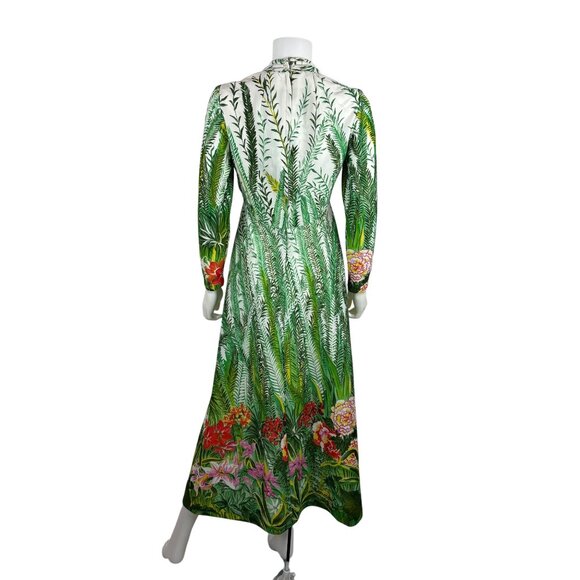 Vintage 70s Tropical Dress Womens XS Deep V Green Botanical Maxi Empire Bust - Picture 12 of 13